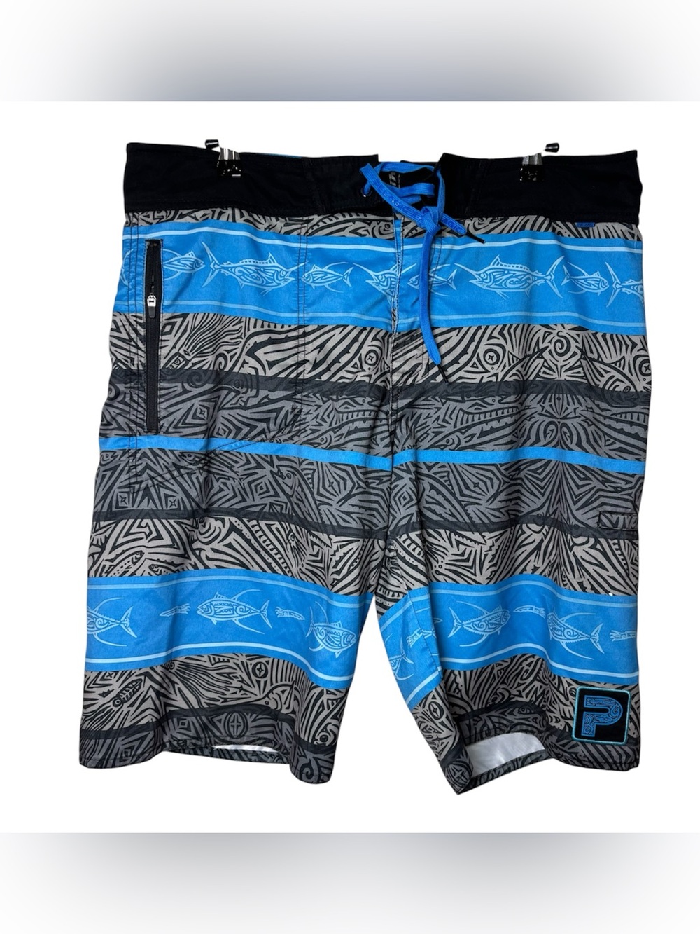 Pelagic Board Shorts Mens 36 Gray Blue Tribal Fish Pattern Swim Trunks Pockets